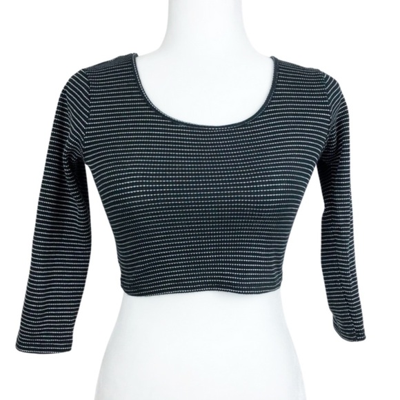 Black White Stripe Cropped Wrap Long Sleeve Womens Cut Out Top - Picture 7 of 16